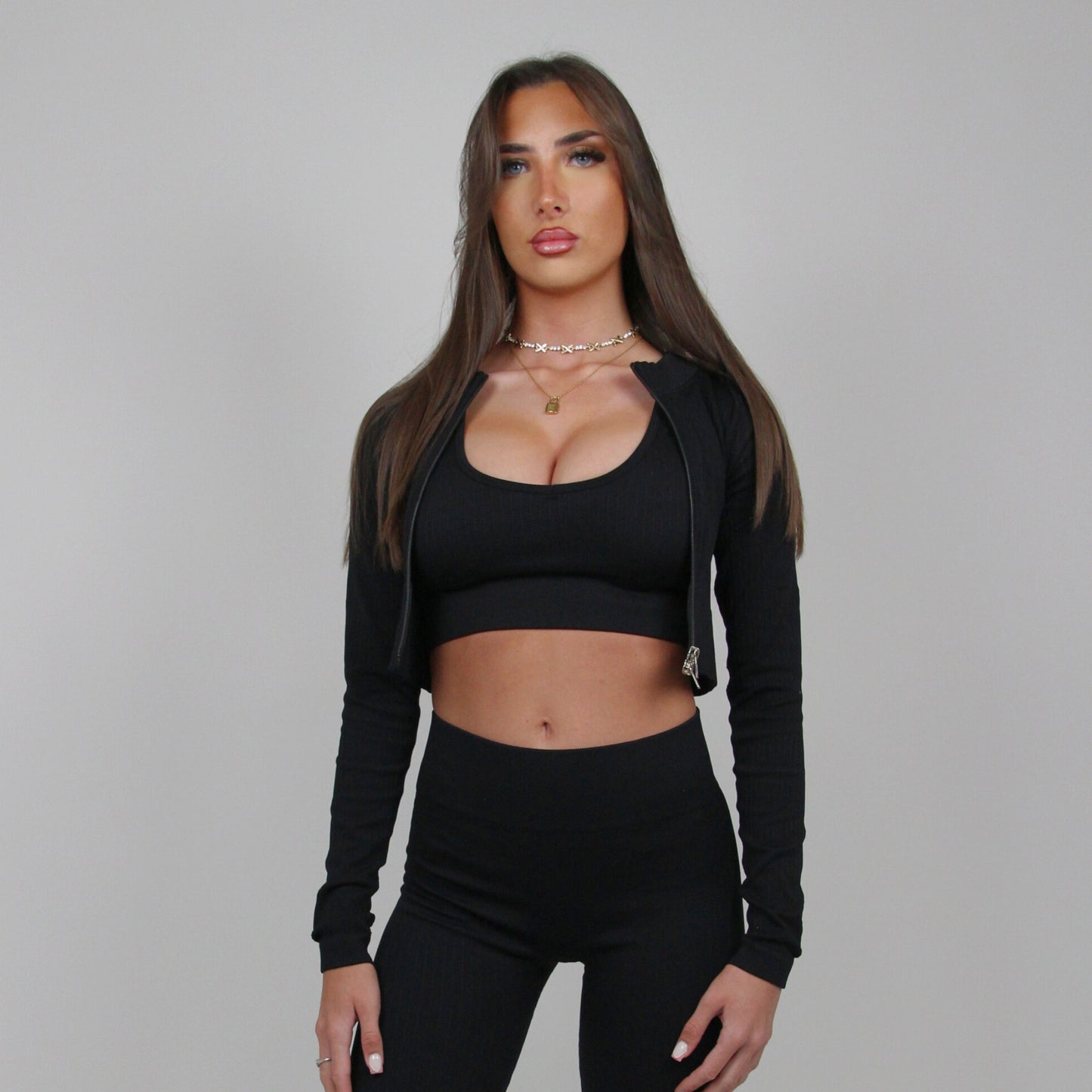 'EveryDay' Ribbed Gym Zip Up Jacket - Black